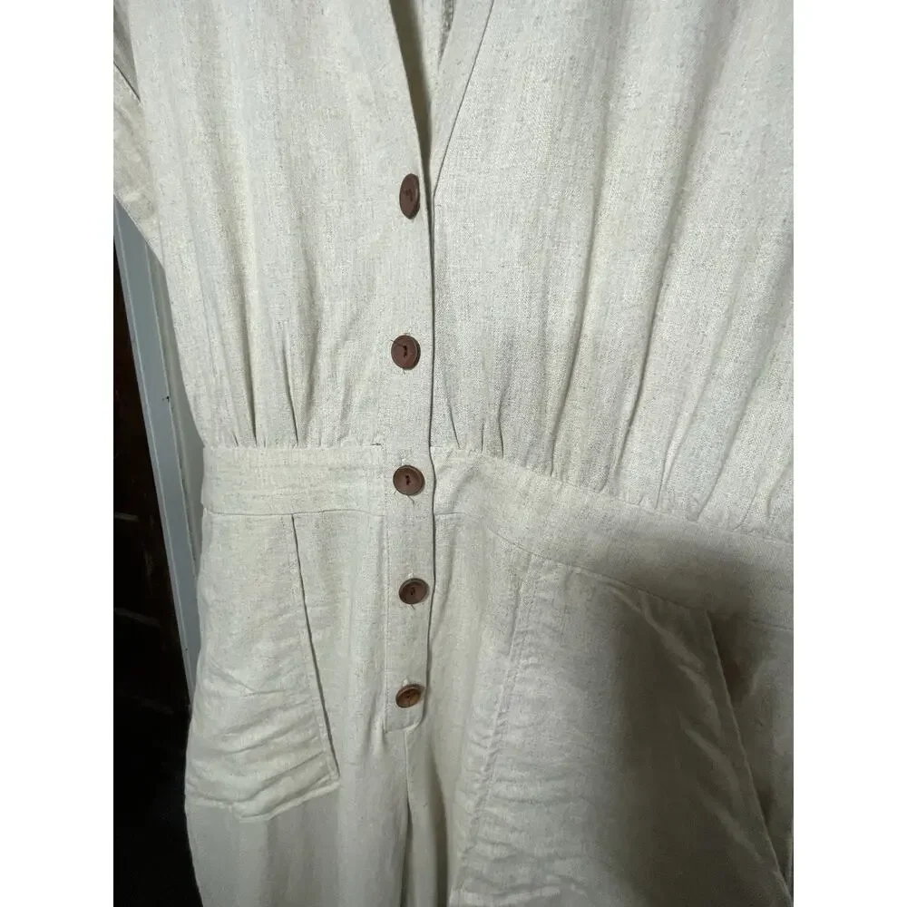 Zara Button Front One Piece Linen Jumpsuit Khacki Size Large